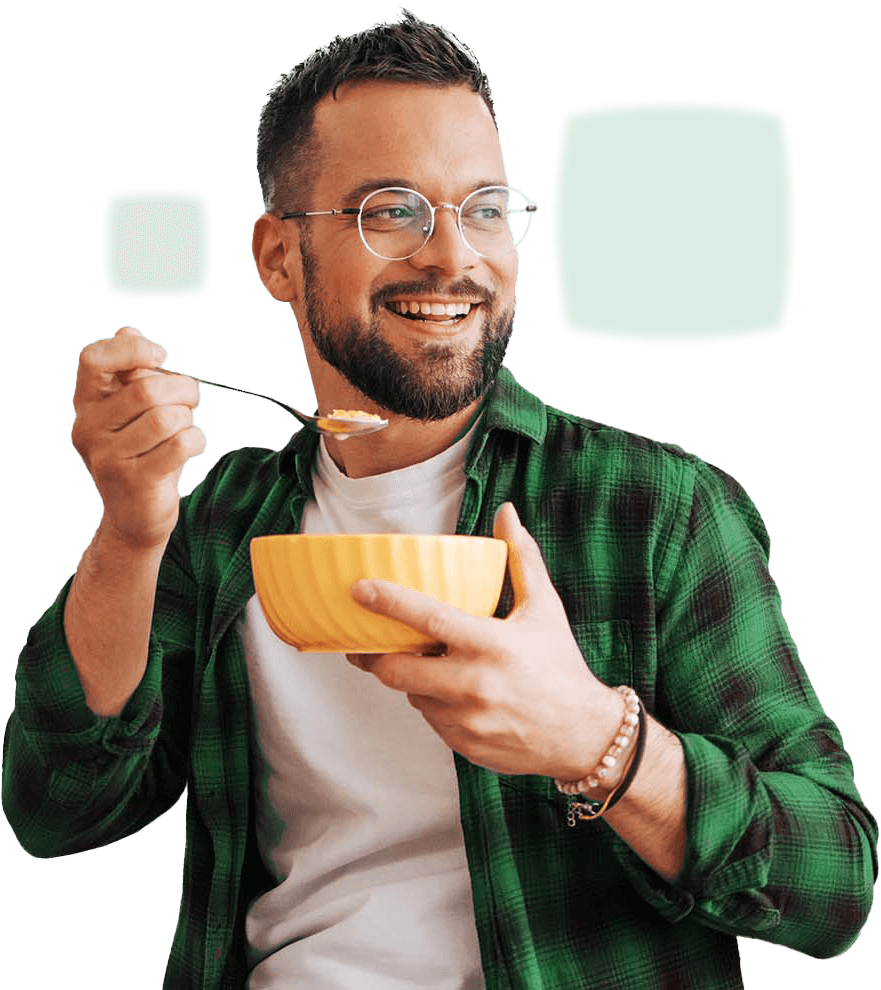 Well-rested and energetic man eating cereal