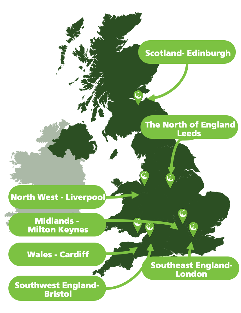 Map of UK featuring Scotland - Edinburgh, the north of England Leeds, North West - Liverpool, Midlands - Milton Keynes, Wales - Cardiff, Southwest England - Bristol, Southeast England - London